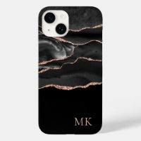 Moderne Rose Gold & Black Marble Agate Monogram