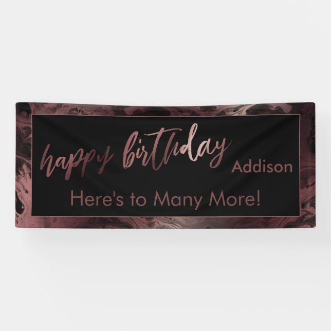 Moderne Rose Gold & Black Marbled Happy Birthday Banner (Horizontal)