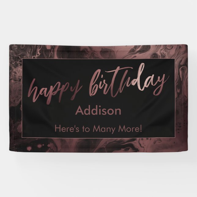 Moderne Rose Gold & Black Marbled Happy Birthday Banner (Horizontal)