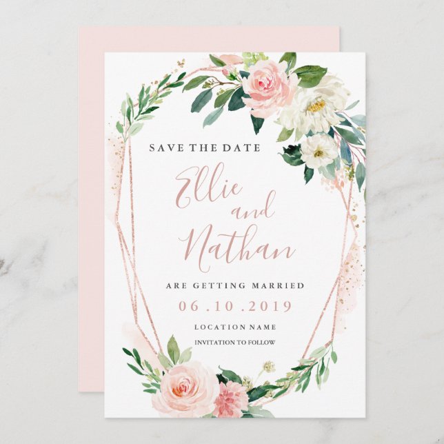 Moderne Rose Gold Blumenstrauß Save the Date Einladung (Vorne/Hinten)