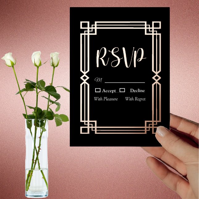 Moderne Rose Gold Border auf Black RSVP Card Folieneinladung (Von Creator hochgeladen)