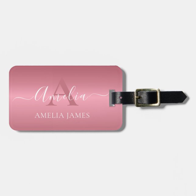 Moderne Rose Gold Brushed Metal Mit Monogramm Gepäckanhänger (Vorderseite horizontal)