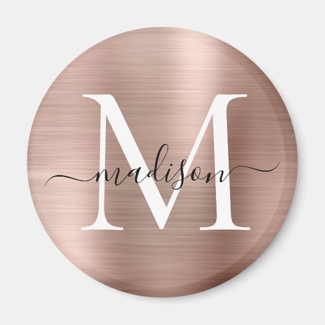 Moderne Rose Gold Brushed Metal Monogram Script Magnet (Vorne)