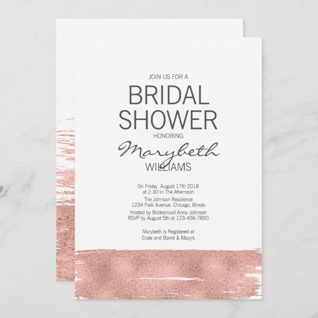 Moderne Rose Gold Brushstroke Brautparty Card Einladung (Vorne/Hinten)