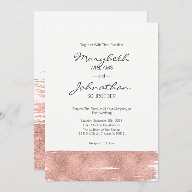 Moderne Rose Gold Brushstroke Wedding Card Einladung (Vorne/Hinten)