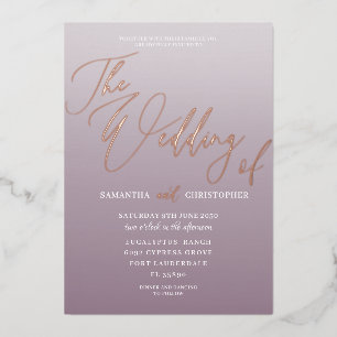 Moderne Rose Gold Calligraphy & Mauve Folieneinladung