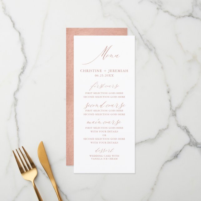 Moderne Rose Gold Calligraphy Metallic Wedding Men Menükarte (Vorderseite/Rückseite Beispiel)