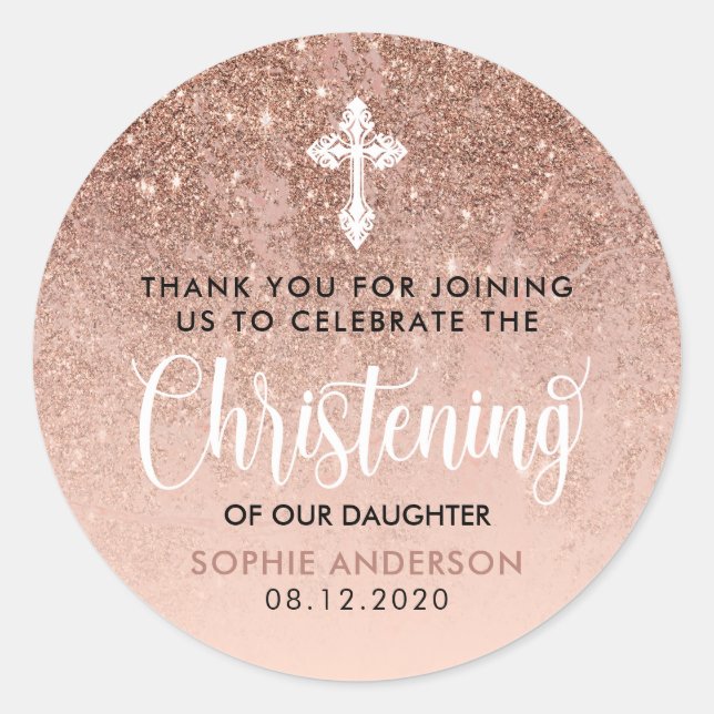 Moderne Rose Gold Christening Vielen Dank Runder Aufkleber (Vorderseite)