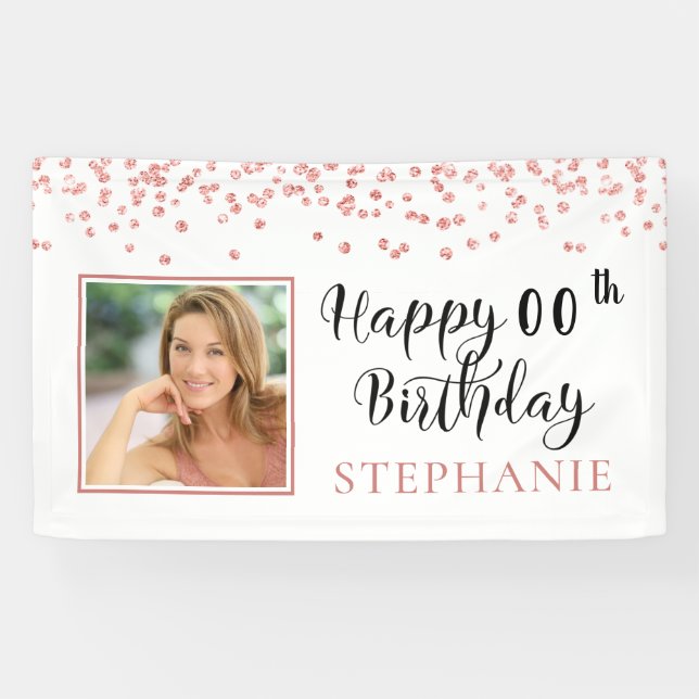 Moderne Rose Gold Confetti JEDES ALTER Geburtstag  Banner (Horizontal)