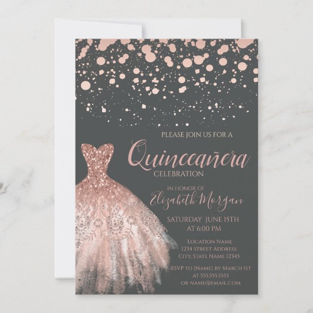 Moderne Rose Gold Dots, Dress Gray Quinceañera Einladung (Vorderseite)