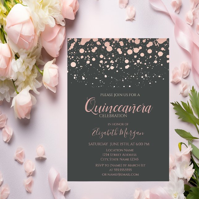 Moderne Rose Gold Dots, Grau Quinceanera Einladung (Von Creator hochgeladen)