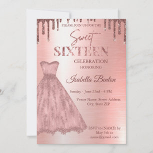 Moderne Rose Gold Dress Glitzer Sweet 16 Einzigart Einladung