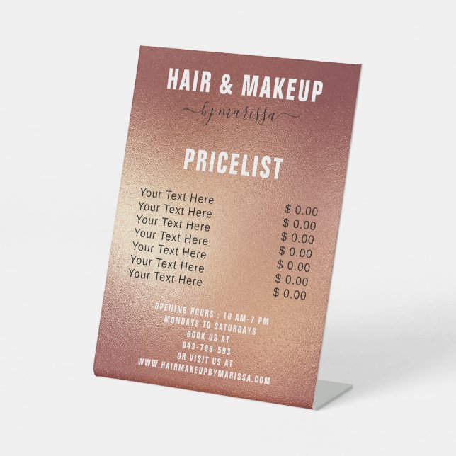 Moderne Rose Gold Foil Fair & Makeup Preisliste Sockelschild (Vorderseite)