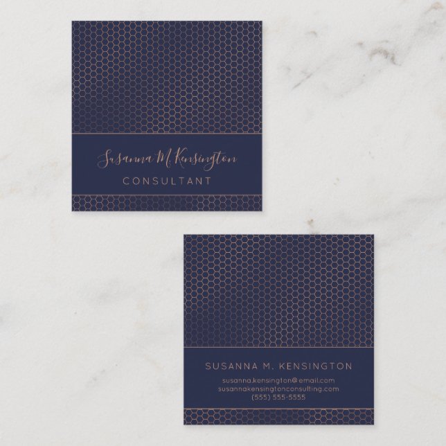 Moderne Rose Gold Foil Navy Blue Geometric Busines Quadratische Visitenkarte (Vorne/Hinten)