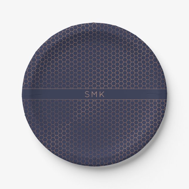 Moderne Rose Gold Foil Navy Blue Hexagon Monogram Pappteller (Vorderseite)