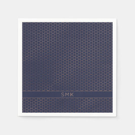 Moderne Rose Gold Foil Navy Blue Hexagon Monogram Serviette