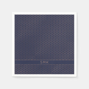 Moderne Rose Gold Foil Navy Blue Hexagon Monogram Serviette