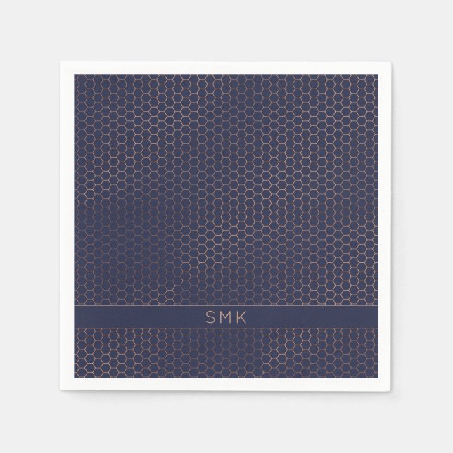 Moderne Rose Gold Foil Navy Blue Hexagon Monogram Serviette (Vorderseite)