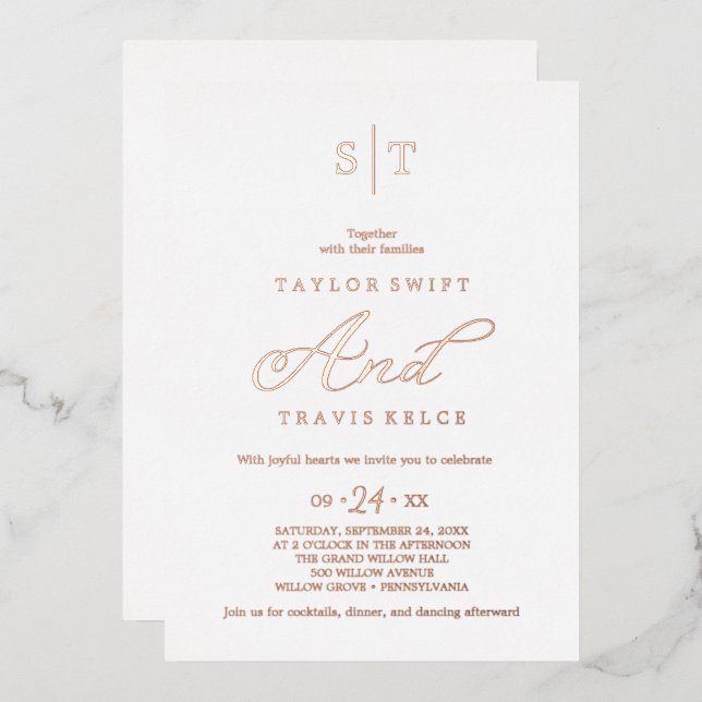Moderne Rose Gold Foil Script Monogram Wedding Folieneinladung (Vorderseite/Rückseite)