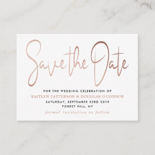 Moderne Rose Gold Foil Script Save the Date Begleitkarte