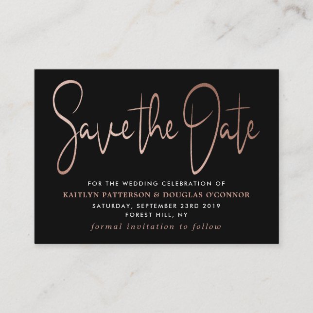 Moderne Rose Gold Foil Script Save the Date Begleitkarte (Vorderseite)