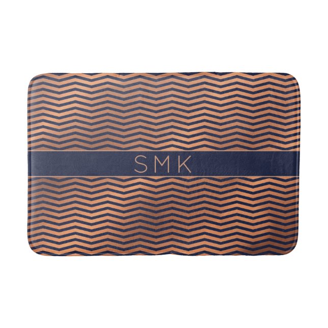 Moderne Rose Gold Foil Zickzack Navy Blue Monogram Badematte (Vorderseite)