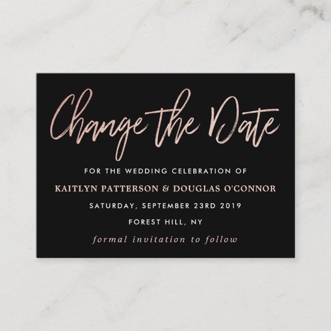 Moderne Rose-Gold-Fotoleiterschrift ändert das Dat Begleitkarte (Vorderseite)