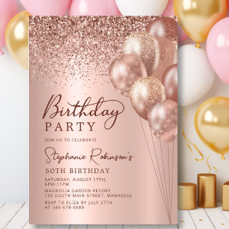 Moderne Rose Gold Glitzer Ballon 50. Geburtstag Einladung