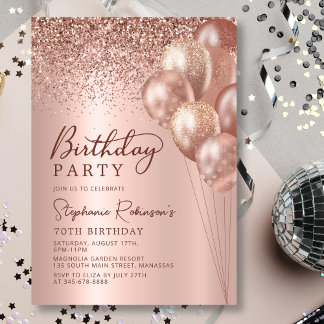 Moderne Rose Gold Glitzer Ballon 70. Geburtstag Einladung