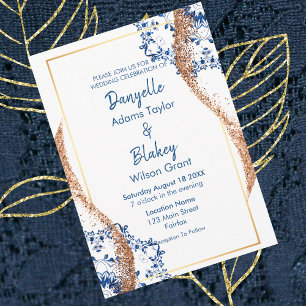 Moderne Rose Gold Glitzer Blue Lace Mandala Weddin Einladung