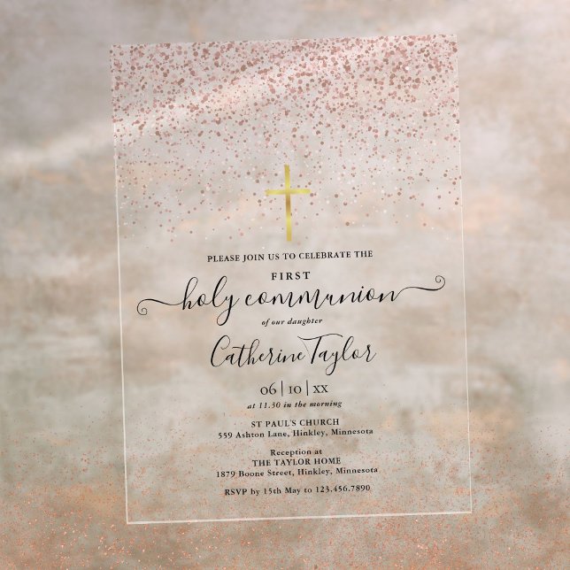 Moderne Rose Gold Glitzer Erste Heilige Kommune Acryleinladungen (Modern Rose Gold Glitter First Holy Communion Acrylic Invitations)