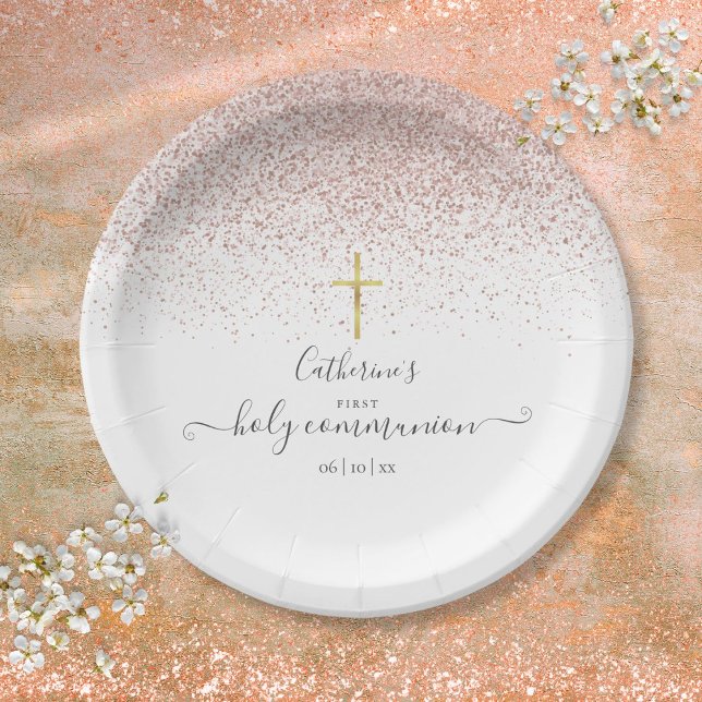 Moderne Rose Gold Glitzer Erste Heilige Kommune Pappteller (Modern Rose Gold Glitter First Holy Communion Paper Plates)