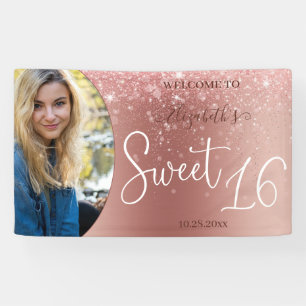 Moderne Rose Gold Glitzer Foto Sweet 16 Banner