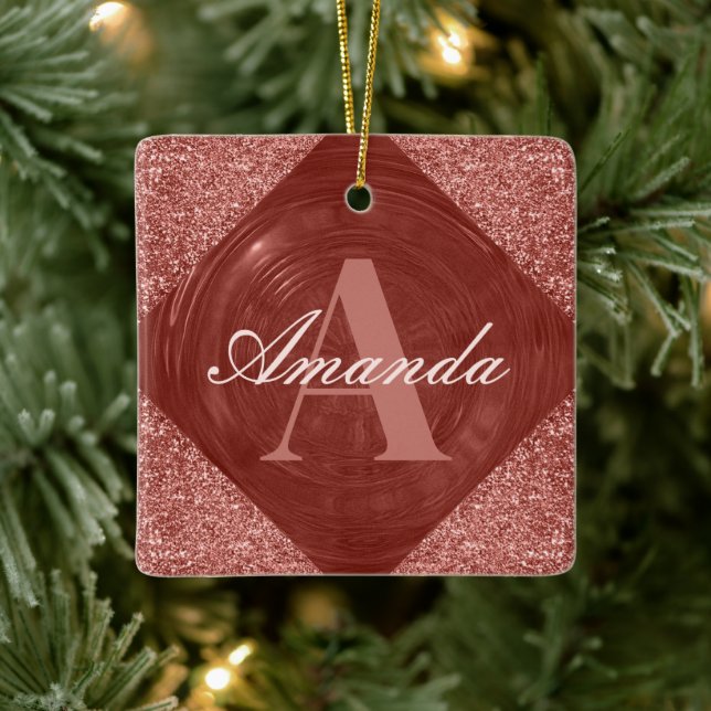 Moderne Rose Gold Glitzer Girl Monogram Keramikornament (Baum)