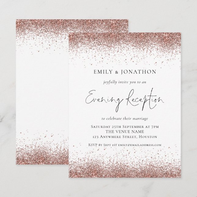 Moderne Rose Gold Glitzer Hochzeitsempfang Einladung (Vorne/Hinten)