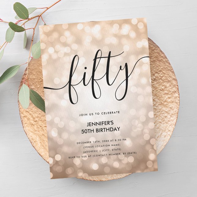 Moderne Rose Gold Glitzer Lights 50. Geburtstag Einladung (Modern Rose Gold Glitter Lights 50th Birthday Invitation)