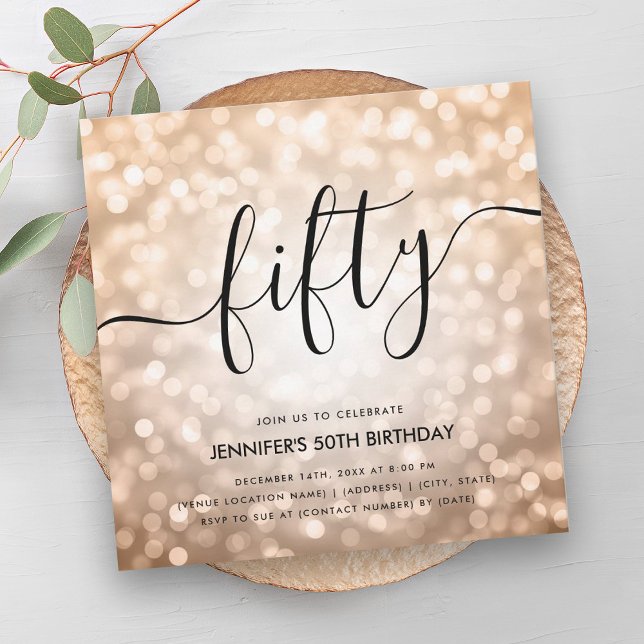 Moderne Rose Gold Glitzer Lights 50. Geburtstag Einladung (Modern Rose Gold Glitter Lights 50th Birthday Invitation)