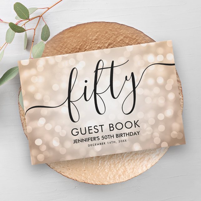 Moderne Rose Gold Glitzer Lights 50. Geburtstag Gästebuch (Modern Rose Gold Glitter Lights 50th Birthday Guest Book)