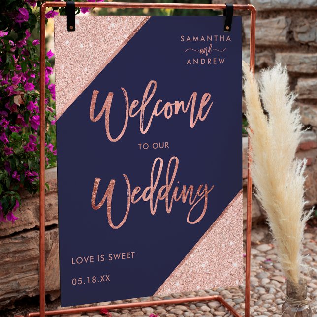Moderne Rose Gold Glitzer Marineblau Begrüßung Hoc Poster (Modern rose gold glitter navy blue welcome wedding poster)