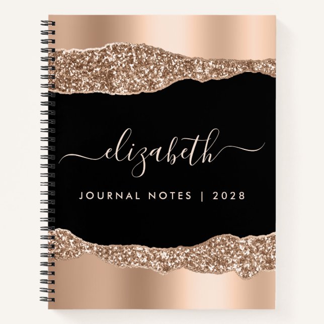 Moderne Rose Gold Glitzer Mit Monogramm Black Notizbuch (Vorderseite)