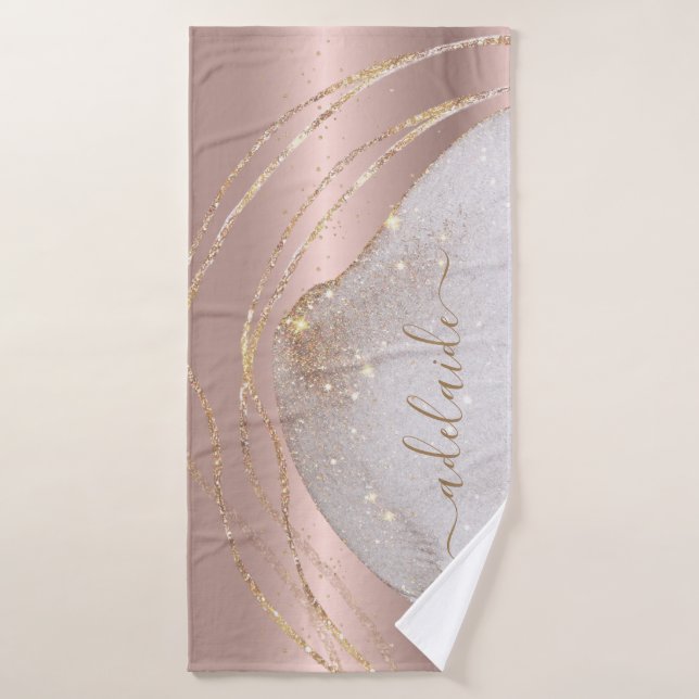 Moderne Rose Gold Glitzer Monogram Chic Script Nam Badehandtuch (Badehandtuch)