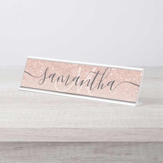 Moderne Rose Gold Glitzer ombre blüten Monogramm Schreibtischnamensplakette (Vorderseite )