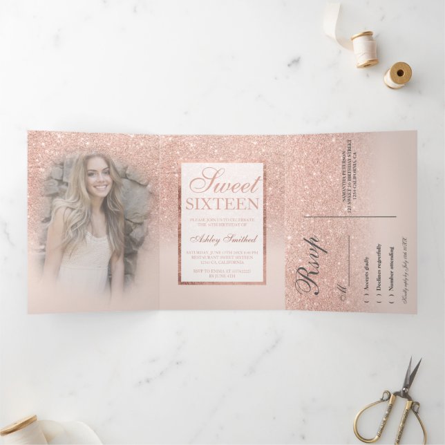Moderne Rose Gold Glitzer ombre Foto Sweet 16 uAwg Dreifach Gefaltete Einladung (Innenseite)