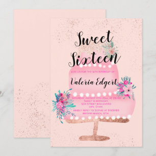 Moderne Rose Gold Glitzer Rosa Blumenkuchen Süß 16 Einladung