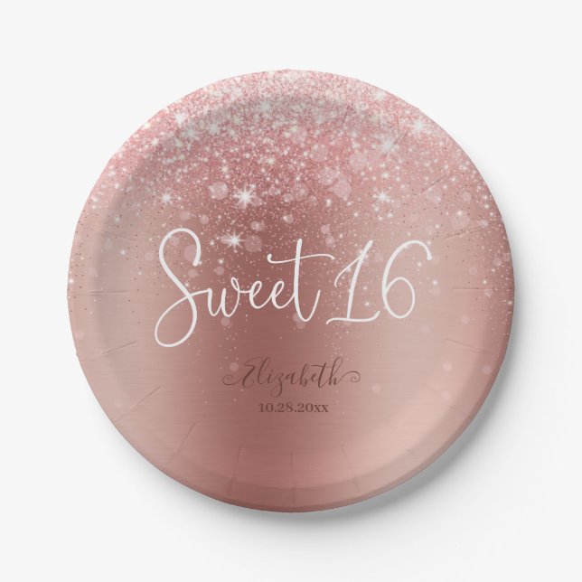Moderne Rose Gold Glitzer Sweet 16 Pappteller (Vorderseite)