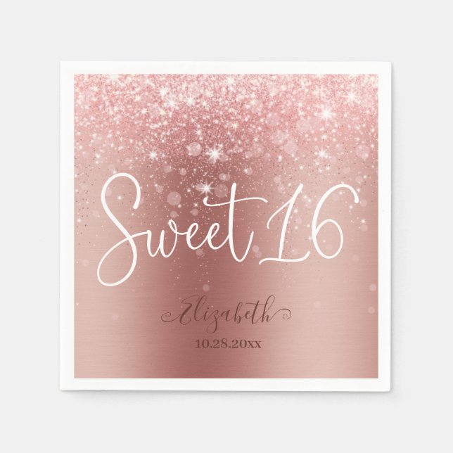 Moderne Rose Gold Glitzer Sweet 16 Serviette (Vorderseite)