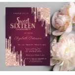 Moderne Rose Gold Glitzer Tropfen Burgundy Sweet 1 Einladung<br><div class="desc">Moderne,  schicke und glamouröse Sweet 16 mit Glitzer-Tropfen auf bordeauxrotem Hintergrund.</div>