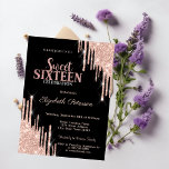 Moderne Rose Gold Glitzer Tropfen Schwarzer Sweet  Einladung<br><div class="desc">Moderne,  schicke und glamouröse Sweet 16 mit Glitzer-Tropfen auf schwarzem Hintergrund.</div>