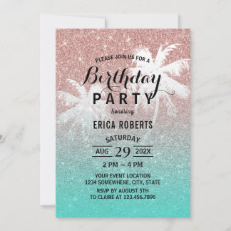 Moderne Rose Gold Glitzer Tropical Birthday Party Einladung