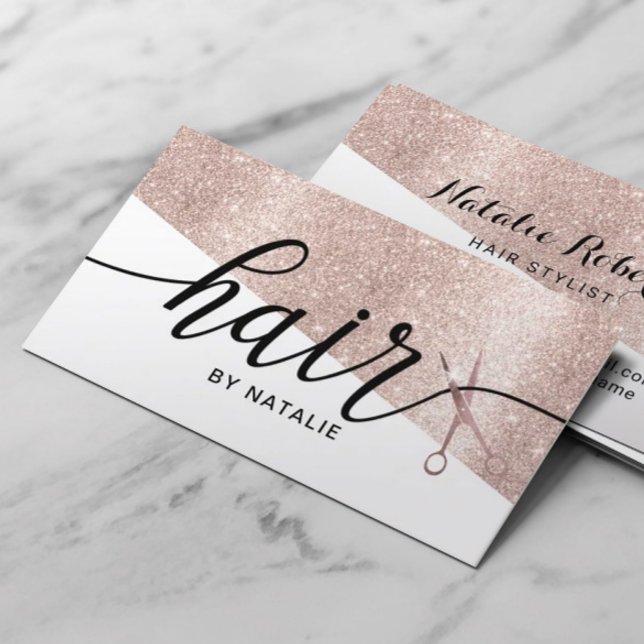 Moderne Rose Gold Glitzer Typografie Hair Stylist Visitenkarte (Von Creator hochgeladen)